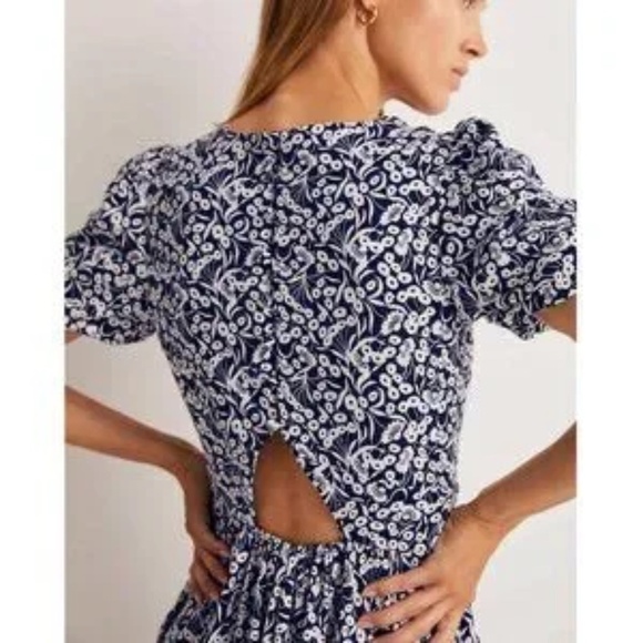 BODEN Back Detail Jersey Puff Sleeve Mini Dress Navy White Floral V-Neck NWT 4 - Picture 2 of 3